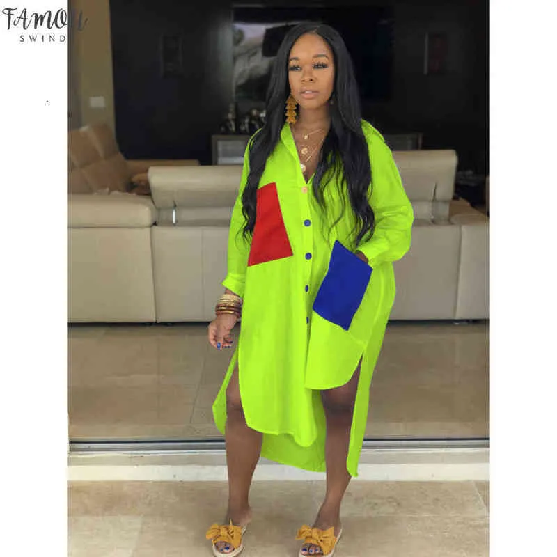 Neon Green Casual Shirt Dress Women Plus Size Vestidos Roupas Manga Comprida Solta Midi Dresses Button Up Slit Sexy