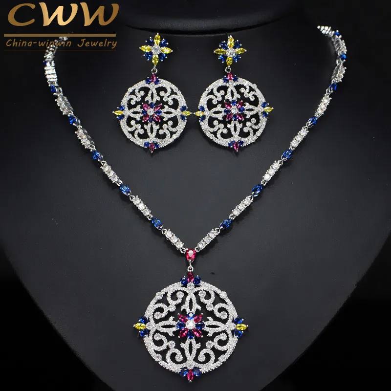 Cwwzircons Vintage African Multi Color Cubic Zirconia Свадьба Большое Длинное Капля Ожерелье и Серьги Бримальные Украшения T105 CX200808