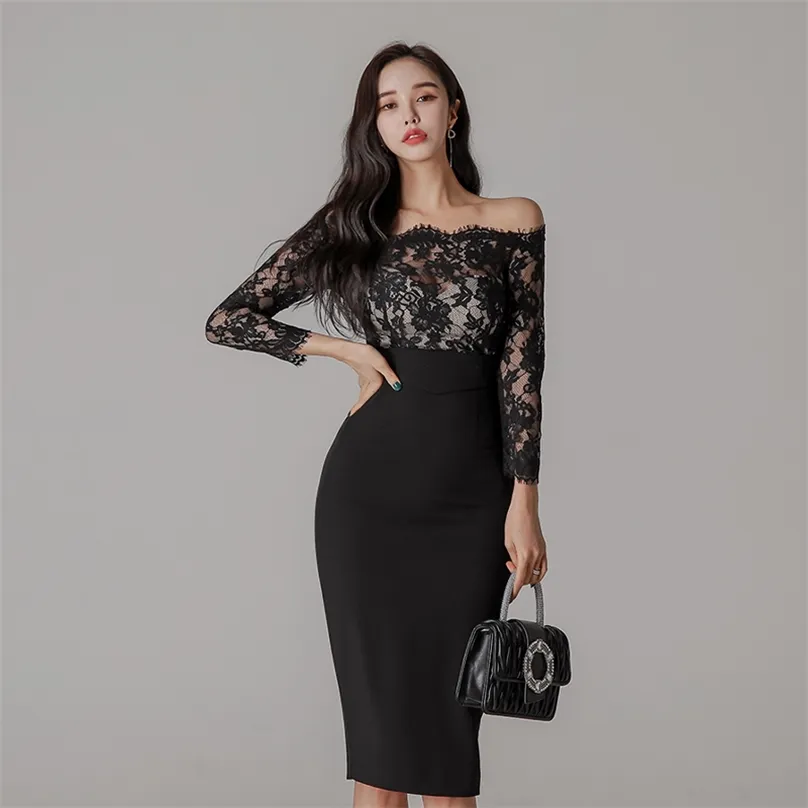 Off shoulder sheath Dress korean ladies Sexy Black Lace Office Hollow out Party Bodycon Dresses for women 210602