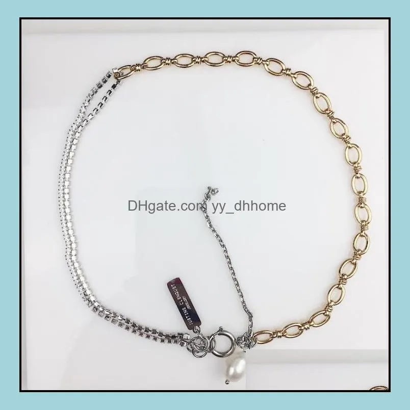 Justine Clenquet Chain Necklaces with Zircon Metal Patchwork Pearl Choker Necklace & Bracelet