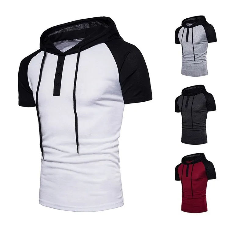 E-BAIHUI 2021 Zomer Heren Plus Size T-shirts Raglan Mouwen Hooded T-shirt Placket Kleur Bijpassende Mode Korte Mouwen Q981318