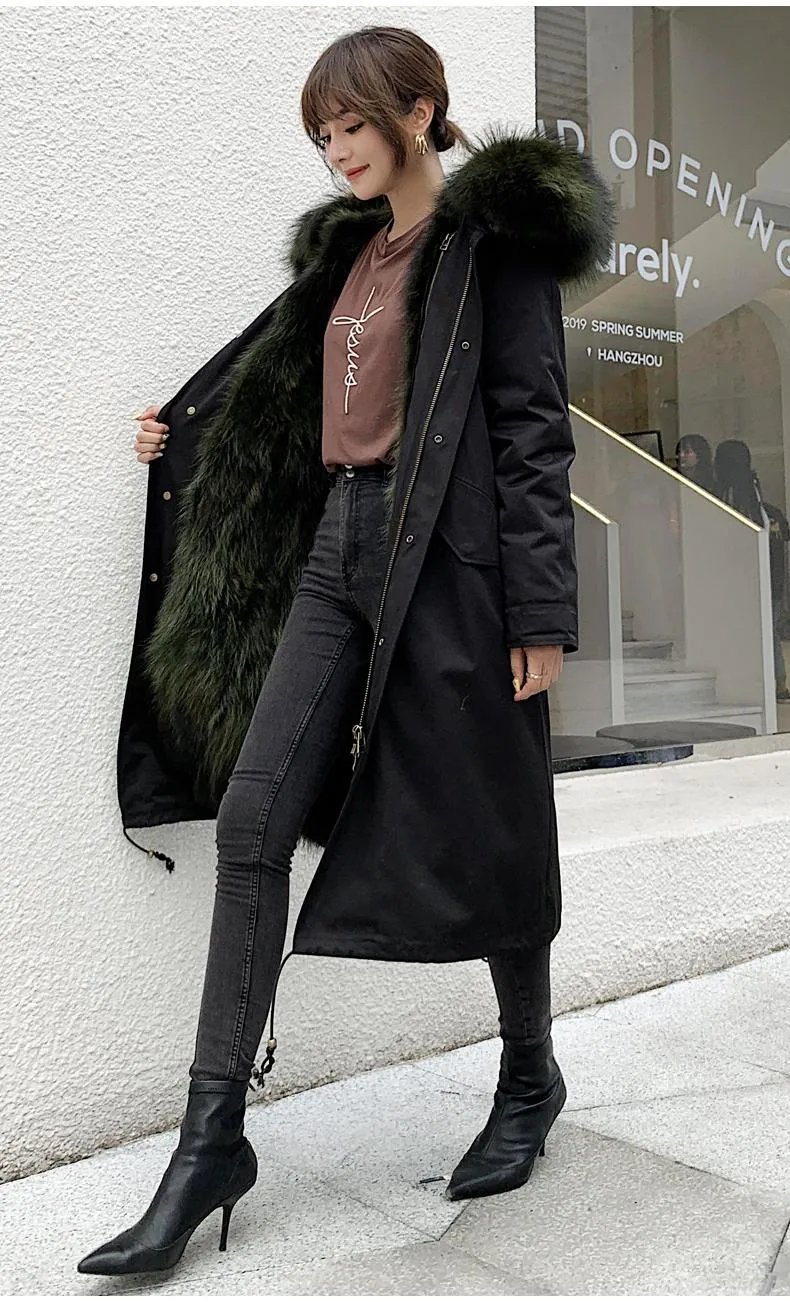 Kvinnors Fur Faux Vinterjacka Kvinnor Real Coat Raccoon Collar Linner X-Long Parka XXL OuterWear Avtagbar