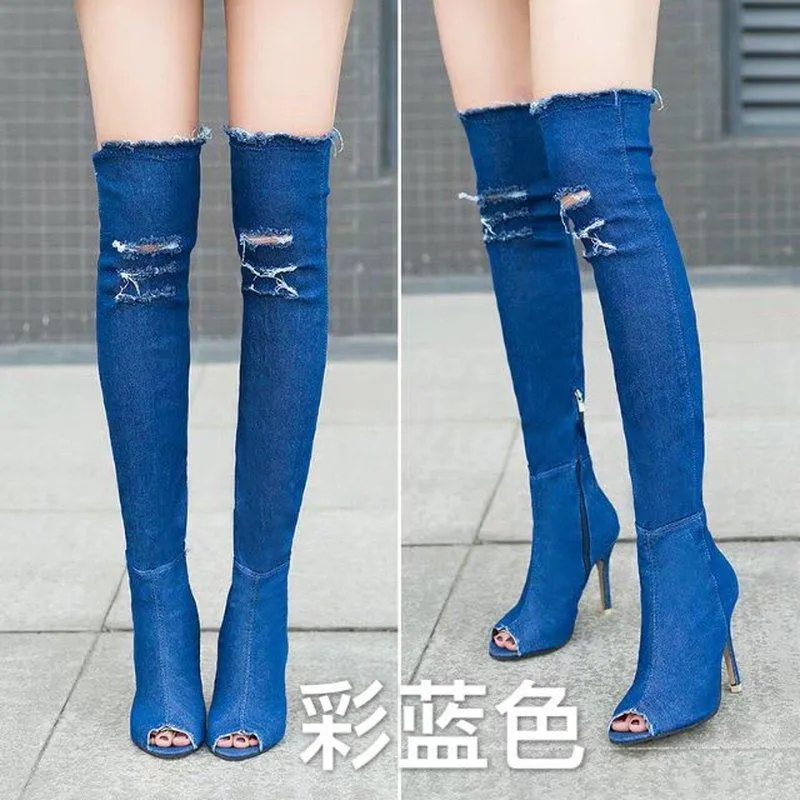 Diz Kadınlar Boots İlkbahar ve Sonbahar Avrupa Amerikan Stiletto Balık Ağız İçi Boş Topuklu Kumaş Sandalet