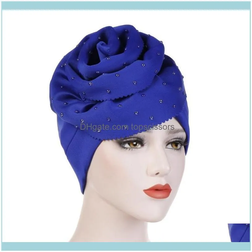 Helisopus 2021 Beaded Oversized Flowers Women Muslim Turban Hat 7 Colors Cotton Cap Head Covers Hijab Hair Accessories1