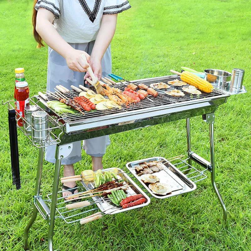 High Quality BBQ Charcoal Grill Portable Foldable Stainless Steel Barbecue Stove Shelf for Outdoor Garden Family Party WLL786