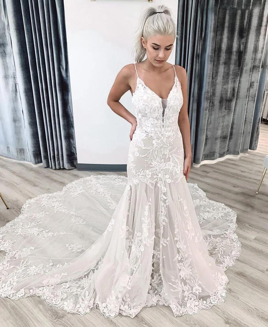 Gorgeous Strappy Mermaid Wedding Dress with Spaghetti Straps, Lace Appliques, and Princess Sweep Train - New Arrival
