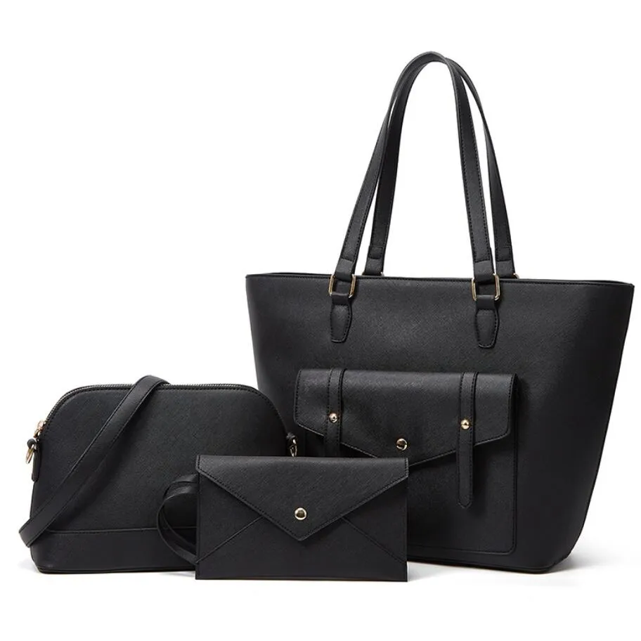 ファッションレディースバッグソリッドカラーPUデザイン3ピースセットスタイルレディースハンドバッグカジュアル大容量の女性ショッピングバッグ財布