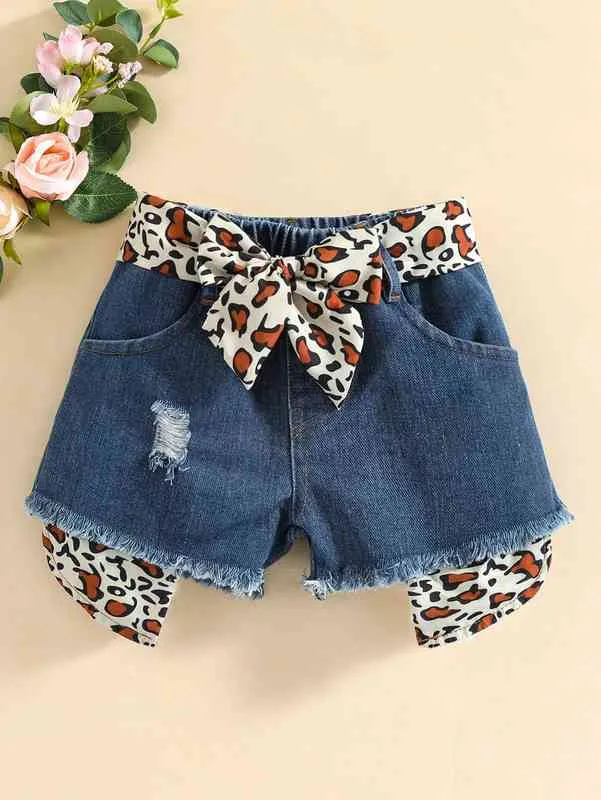 Pantaloncini di jeans con cintura e orlo grezzo sfilacciato leopardato strappato baby SHE