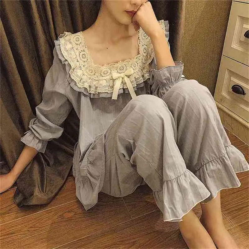 Set pigiama da donna con scollo quadrato in pizzo ricamato a fiori Lolita. Set pigiama vintage in cotone grigio da donna. Sleepwear Loungewear Nightclothes 210809