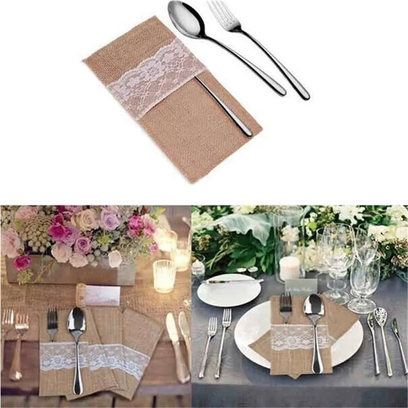 Burlap Cutlery Holder Vintage Shabby Chic Jute Lace Tableware Pouch Packaging Fork & Knife Pocket for Party Wedding