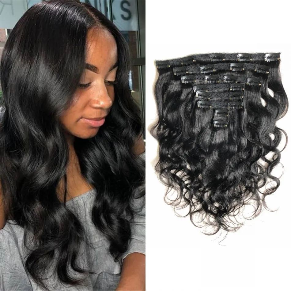 Peruvian Clip in Human Hair Extensions Body Wave 120G 8pcs/set Remy Hair Wefts for Black Women 8-24 inch