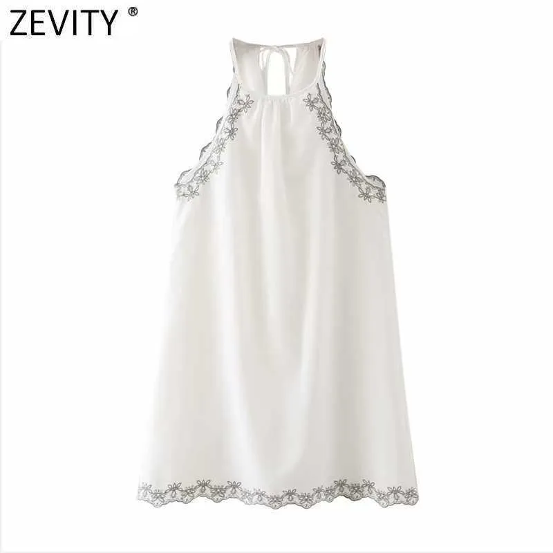 Zevity kvinnor mode kant broderi vit halter klänning kvinnlig chic ärmlös spets upp strand stil en linje sommar vestido ds8201 210603