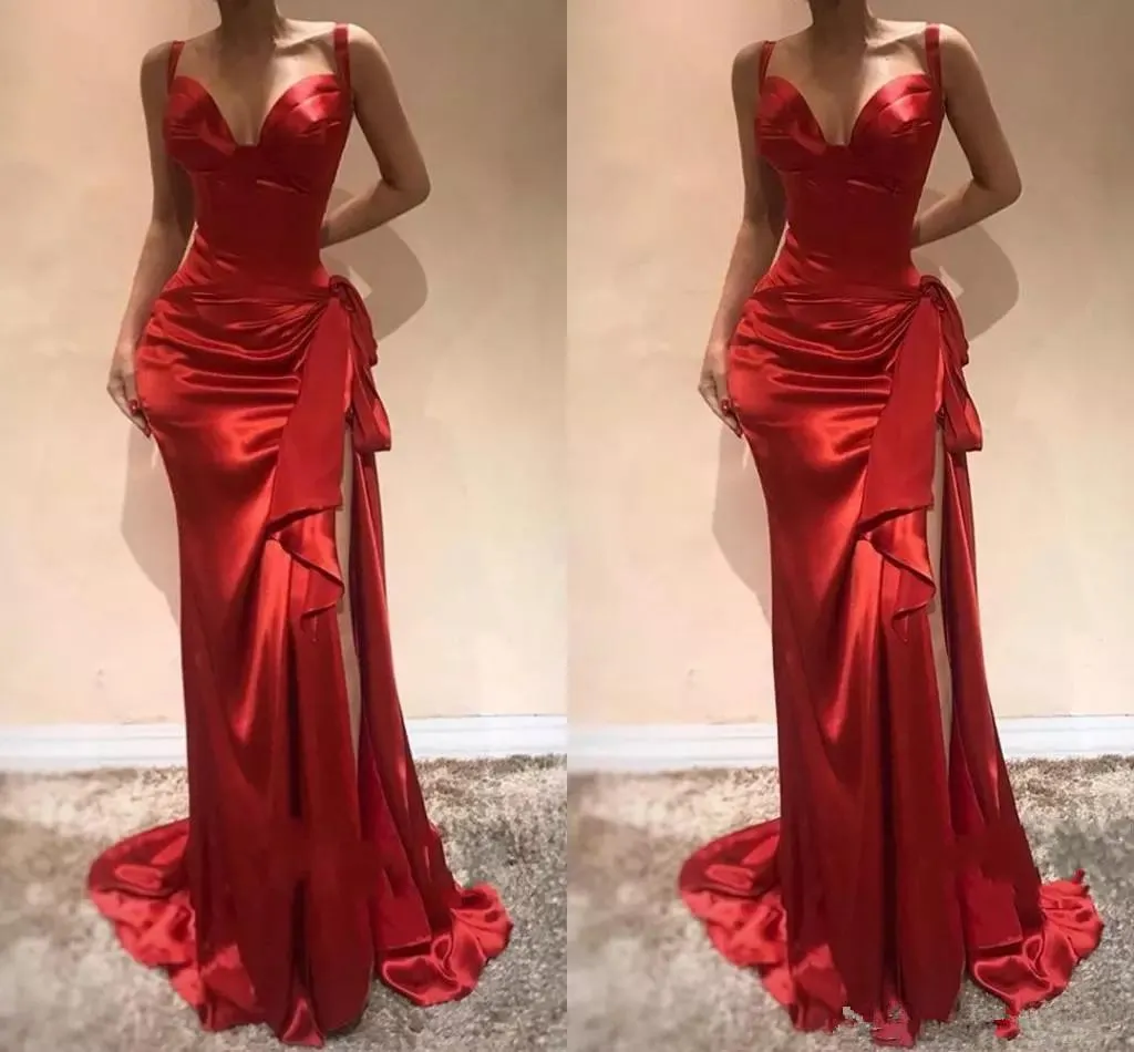 Longue robe rouge élégante, style sirène, tenue de bal formelle, avec fente, balayage, fermeture éclair, fente latérale, robes de soirée, nœud en Satin