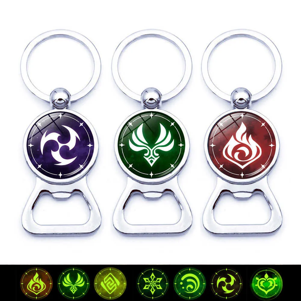 Lysande spel Genshin Impact Bottle Opener Keychain Tillbehör Glöd i det mörka ögat av Gud Genshin Anime Keychain Key Ring Gift G1019