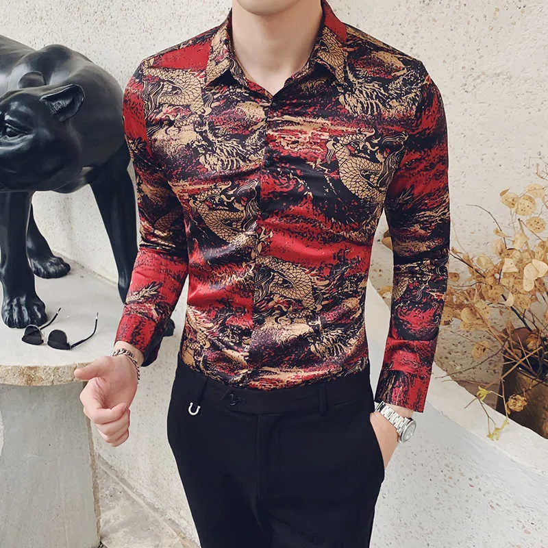 3D Dragon Print Mens Casual Koszule Z Długim Rękawem Slim Fit Dress Shirts Moda Koszulki Homme Night Club Social Streetwear Koszulki 210527