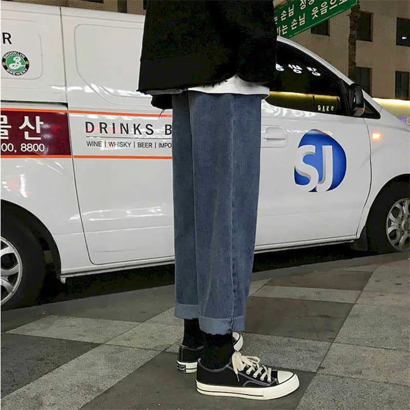 Mäns jeans lösa retro kvinnors koreanska trend av hajuku stil bf gamla byxor raka och mångsidiga nio-punkts streetwear 210526