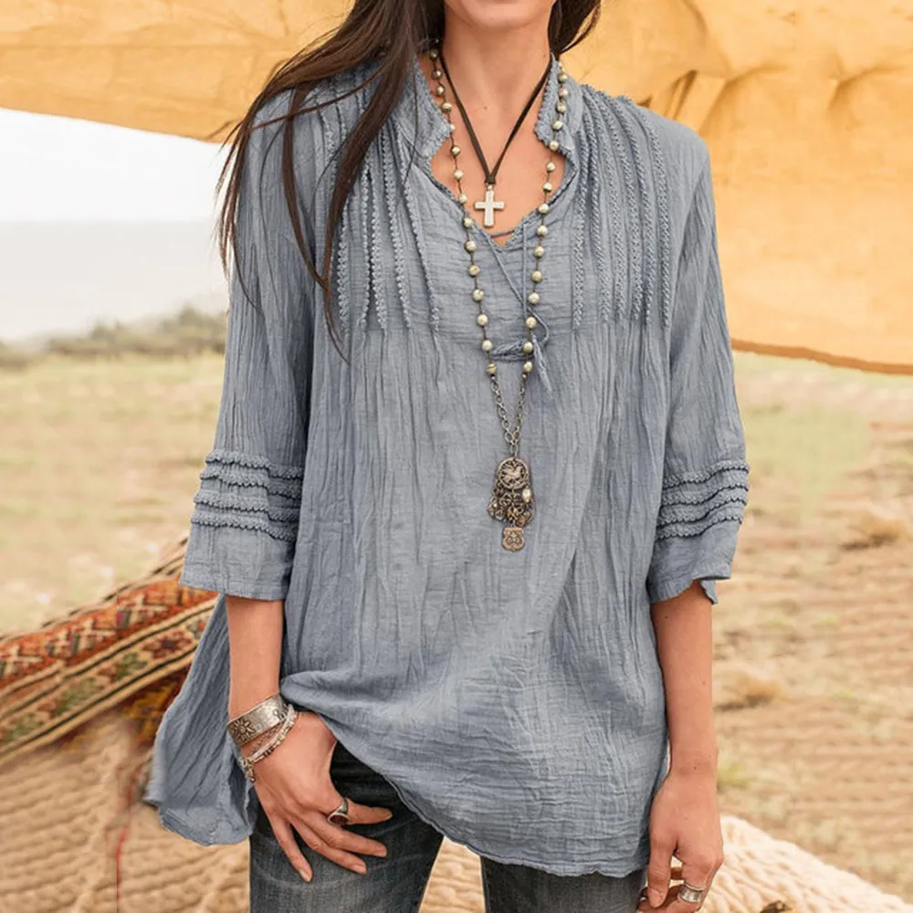 Verano Casual Color puro camisa suelta blusa mujer moda cuello en V Tops largos mujeres 2021 gris algod n pul ver camisas blusas Mujer