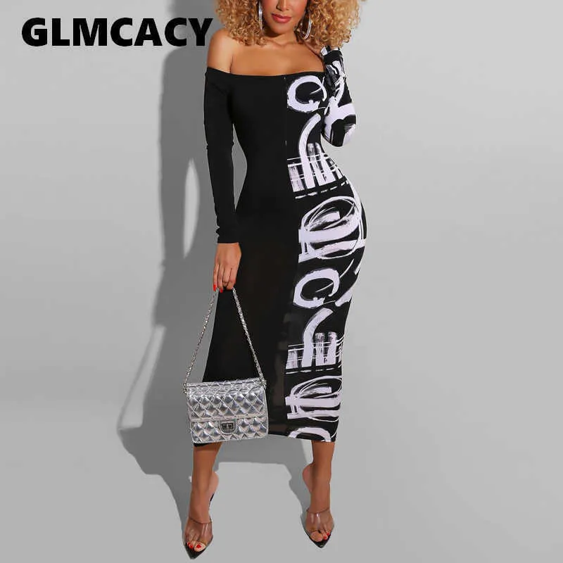 Kobiety Streszczenie List Drukowane Dorywczo Maxi Dress Off Ramię Bodycon Długa Party Dress Classy Kościół Dress 210702