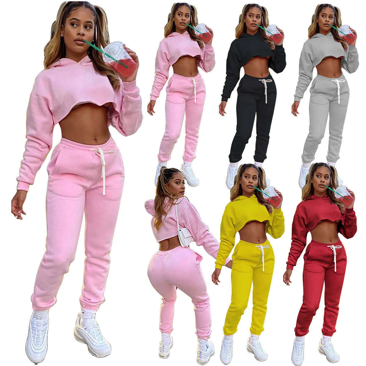 Echoine Women Winter Thick Warm Fleece Tracksuit 2 Piece Set Clothes Plus Size Crop Hoodie Pants Joggers Sweat Suits Outfits Y0625