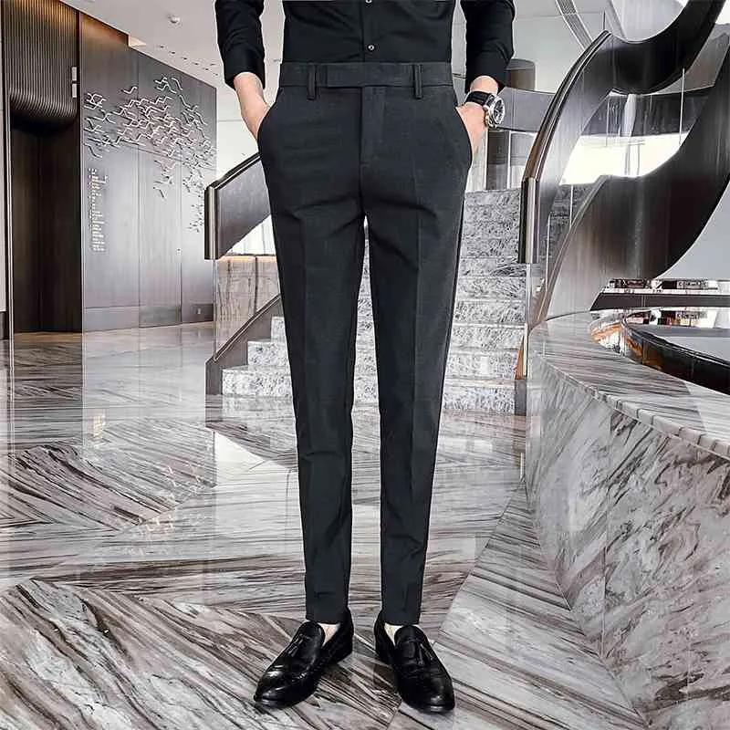 Высокое качество мужчин платье брюки черный формальный деловой костюм брюки осень мужские стритвальники повседневные стройные брюки брюки панталон Homme 210527