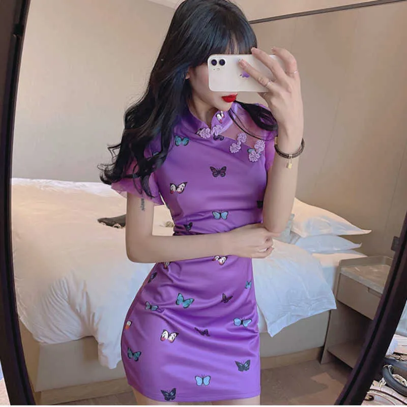 Womengaga Seksi Moda Kısa Kollu Cheongsam Mini Elbise Nakış Kelebek Elbiseler Koreli Kadınlar JDB1 210603