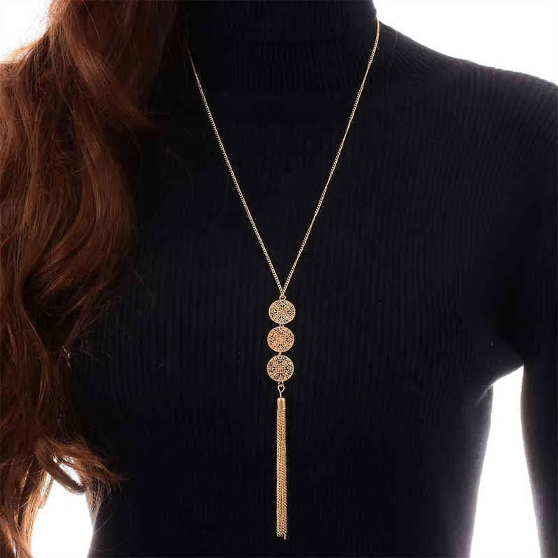 Femme ronde géométrique avec gland cou pendentif collier longue triple chaîne robe chaîne pull colliers femmes charme bijoux G1206