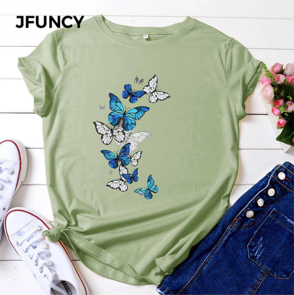 Jfuncy 2021 летние женщины хлопчатобумажная футболка женщина с коротким рукавом топы бабочка печать футболки негабаритные повседневные свободные женские тройники y0629