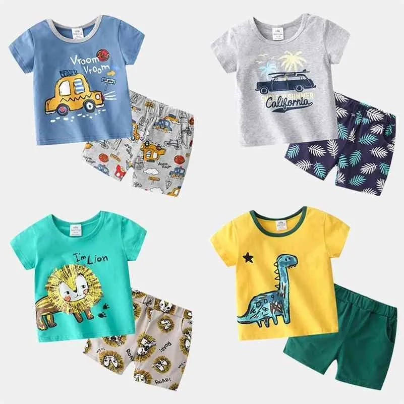 Estate 2 3 4 6 8 10 anni T-shirt con stampa animalier cartoon + pantaloncini belli 2 pezzi set casual in cotone per bambini neonati 210701