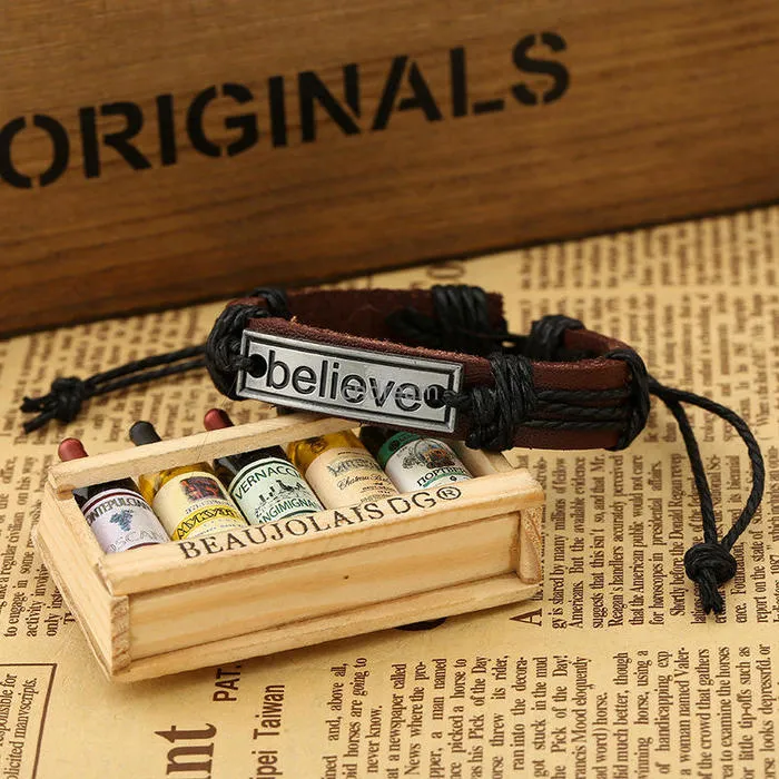 Bar Believe ID Tag Bracelets String Adjustable Leather Bracelet Wristband Bangle cuff for women men Fashion jewelry will and sandy