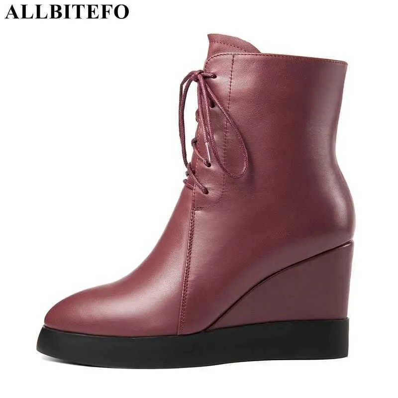 AllbiteFo przyjeżdża oryginalne skórzane kliny obcasy platforma damska buty zimowe śnieg kostki buty dla kobiet wysokie obcasy kobiety obcasy 210611 \ t