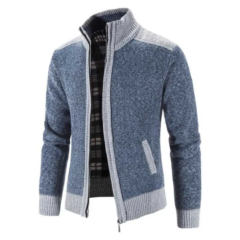 Men's Sweater Coat Fashion Patchwork Cardigan Men Knitted Sweater Jacket Slim Fit Stand Collar Thick Warm Cardigan Coats Men 211018