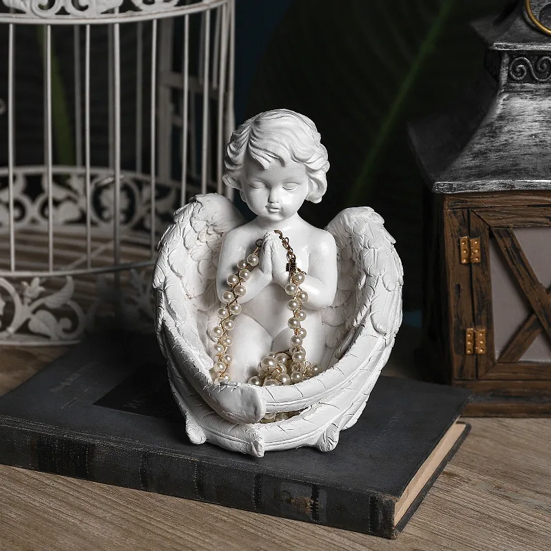 Vintage Rzeźba Żywica Angel Baby Wing Miniaturowy Model Figurki Biżuteria Wyświetlacz Uchwyt Home Decor Ozdoby Ślubne Prezenty