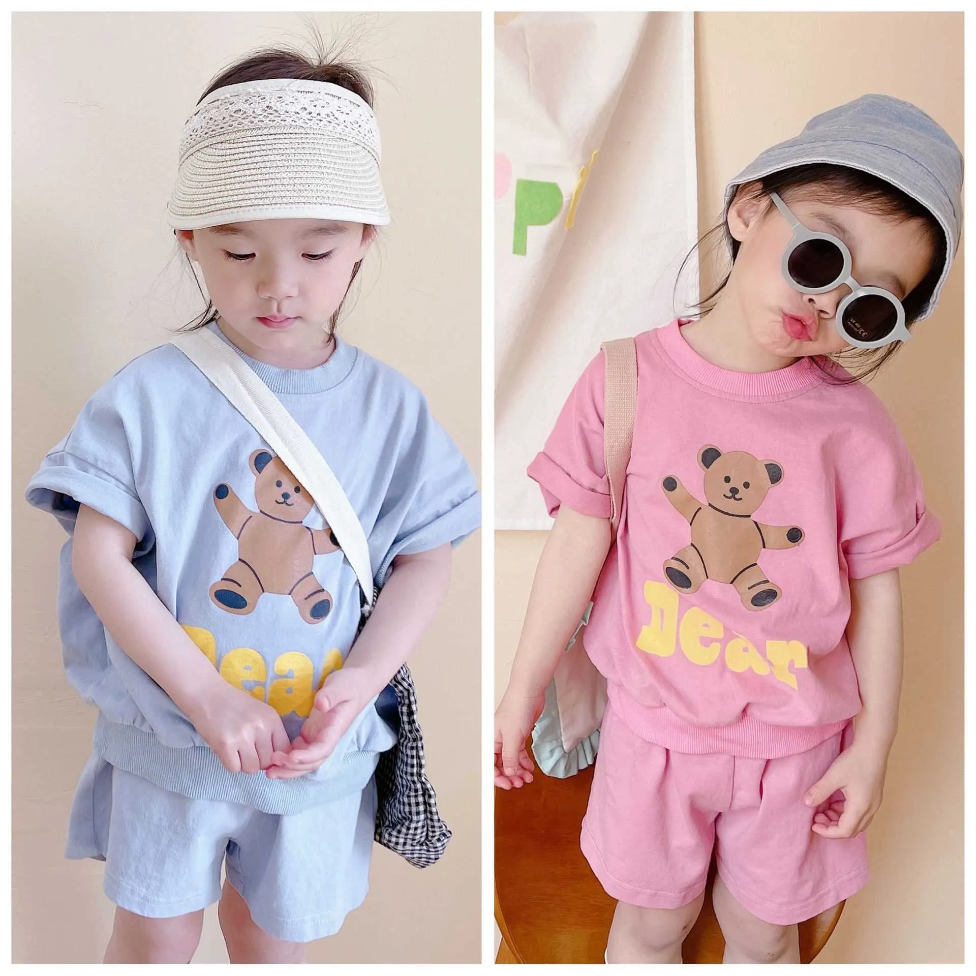summer girl print set 2 piece short sleeve T-shirt + shorts girl clothes outfits baby girls clothes 210701