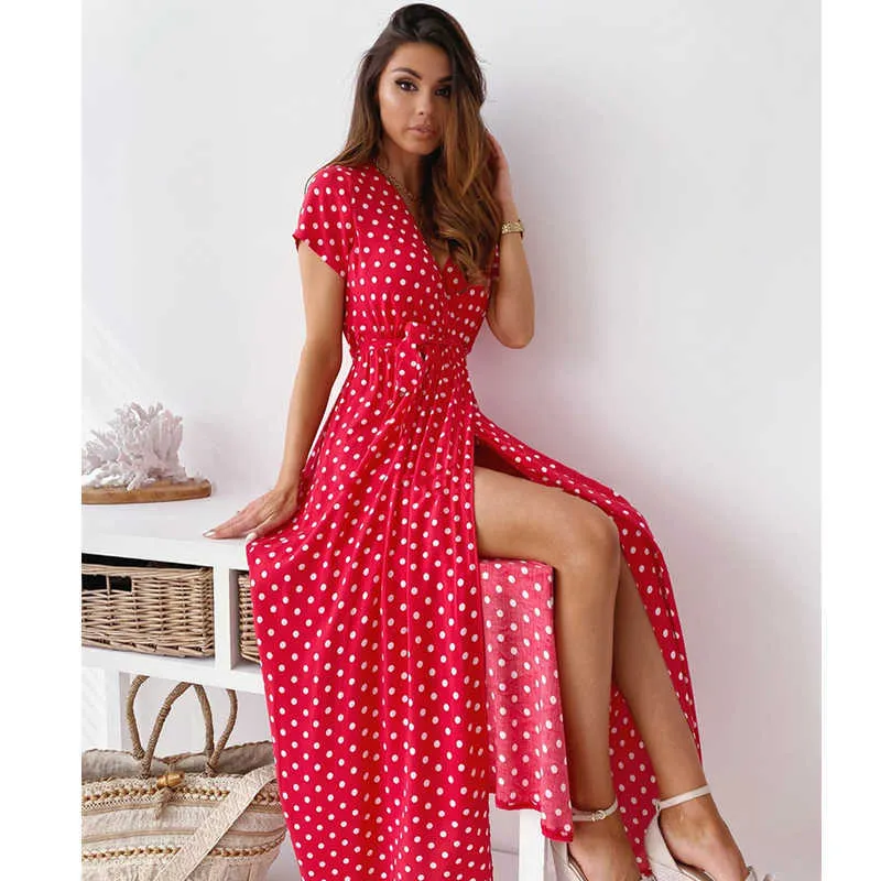 Frauen Kleider Sommer Mode Sexy V-ausschnitt Polka Dot Print Split Boho Kleid Frauen Kleidung Casual Strand Urlaub Lange Kleider 210527