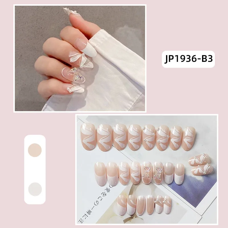 Oval French Fake Nails Long Press on 3D Bow Tie False Fingernails with Designs Round Acrylic White Glue on for Women and Girls