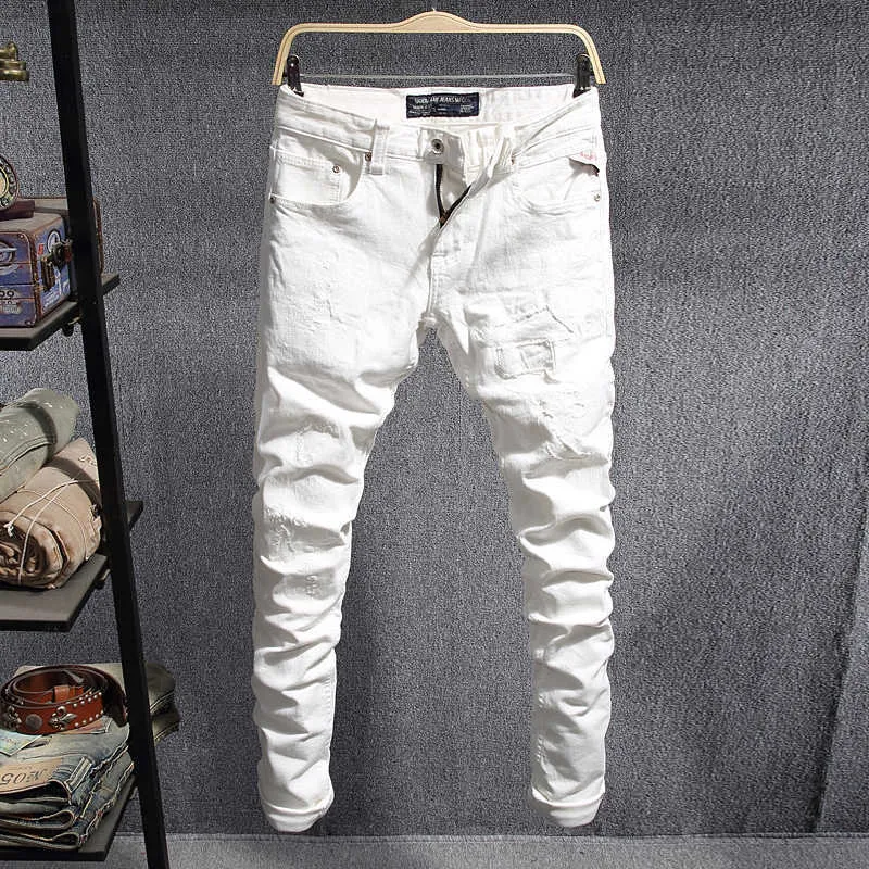 Style italien Mode Hommes Jeans Haute Qualité Blanc Élastique Coton Déchiré Slim Fit Vintage Designer Denim Pantalon Hombre DDFI