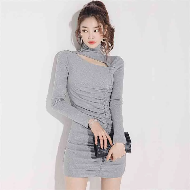Invierno cuello alto tejido Corea señoras manga larga Sexy Club mini vestidos de fiesta para mujer ropa 210602