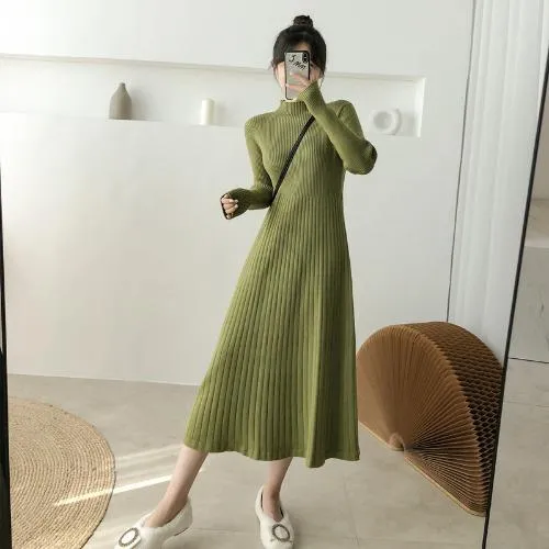 Elegant Striped Half Turtleneck A Line Ribbed Sweater Dress Midi For Women Full Sleeve Slim Waist Knitted Mid Calf Vestidos From Avive 24.24 DHgate.Com