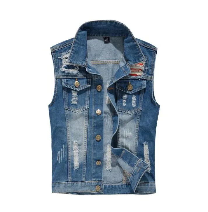 Luxe Hommes Denim Gilet Revers Cou Cowboy Veste Mode Trou Cassé Gilets Manteau 10 Couleur Vintage Gilet Hommes Femmes Sans Manches Jean Vestes Streetwear Plus La Taille M-5XL