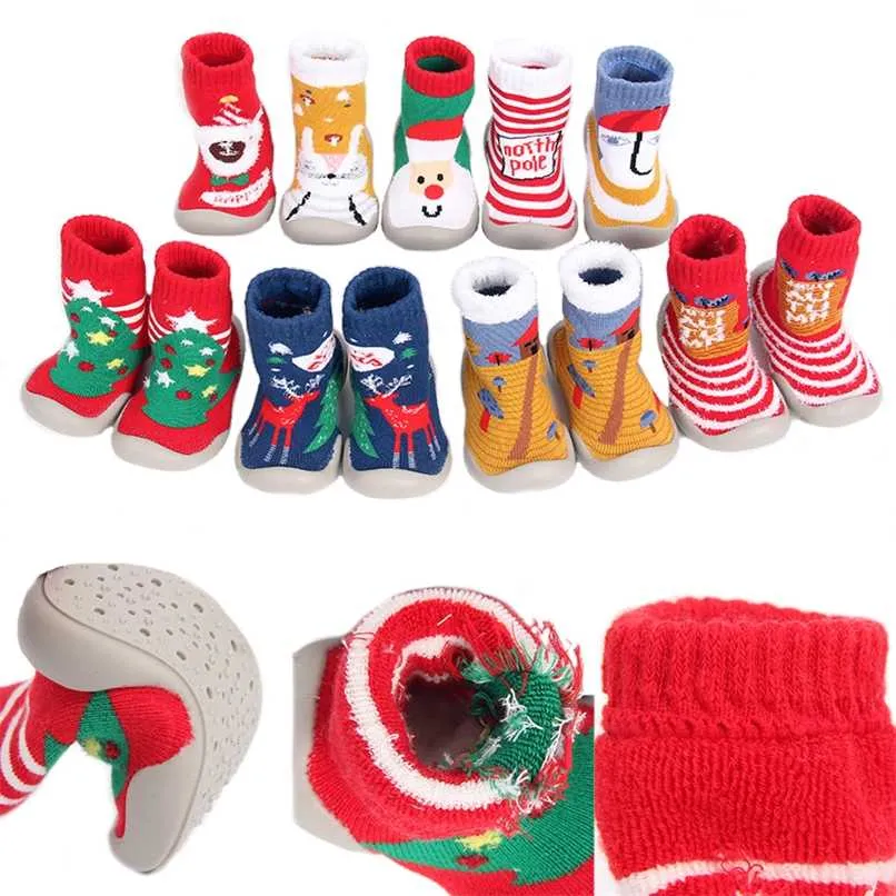 Ywhuansen 6から36mのクリスマス子供の屋内靴下柔らかいゴム製のベビー杖歩く靴の女の子冬の滑り床の靴下211028
