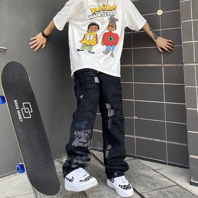 Men's Jeans 2021 High Street Ripped Men And Women Loose Straight Leg Hip Hop Pants Skateboard Waist Y2K