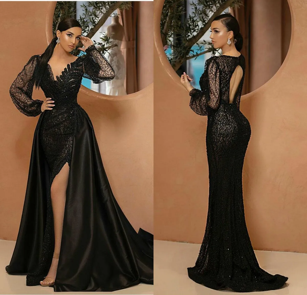 2021 Arabiska svarta sjöjungfrun kvällsklänningar med avtagbart tåg V Neck Lace Sequins Prom Klä Långärmad Skräddarsydda Lyxiga Robe de Soiree