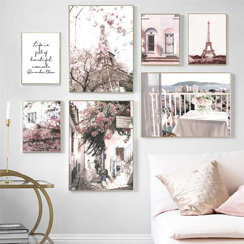 Resimler İskandinav modern sanat posterleri tuval resim duvar resim pembe çiçek manzarası ev dekor poster ve oturma odası için baskı