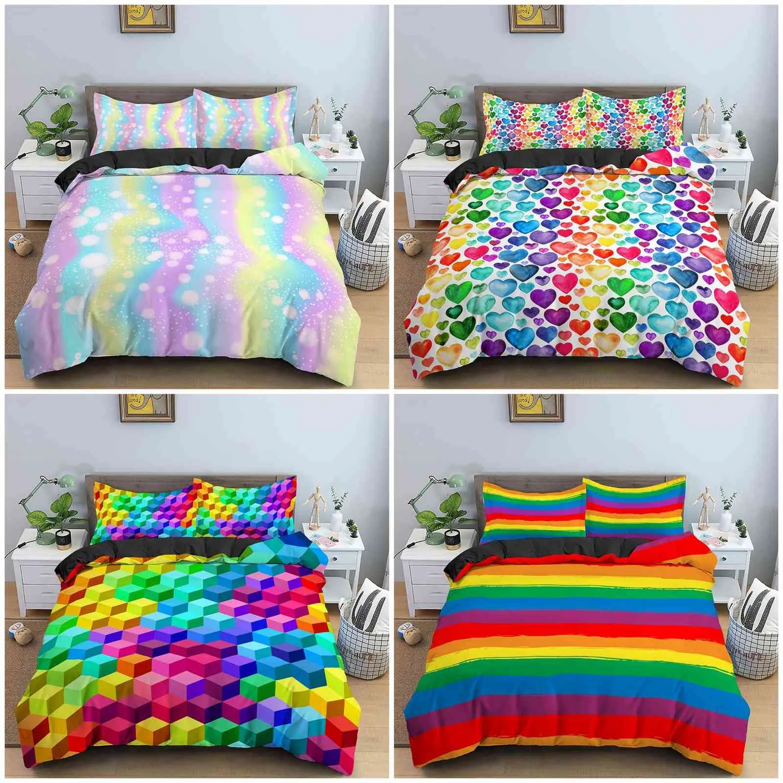Rainbow Drukowanie Pościel Zestaw Kolorowy Pasek Kołdry Kołdra Mikrofibra / Comforter King Królowa Rozmiar Bedclothes 210615