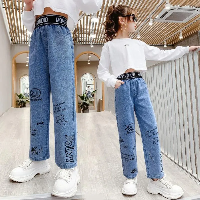 Kids Girls Casual Baggy Jeans Trousers Distressed Wide Leg Loose Ripped  Pants