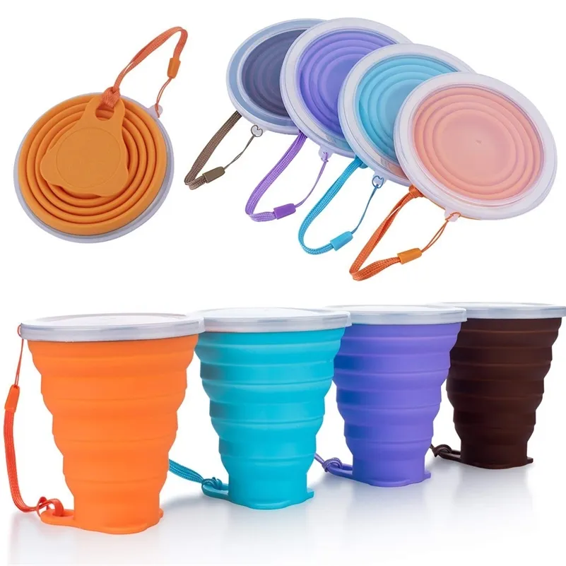 270ml Folding Cups BPA FREE Food Grade Water Cup Travel Silicone Retractable Coloured Portable Outdoor Coffee Handcup 4PCS/SET 210611
