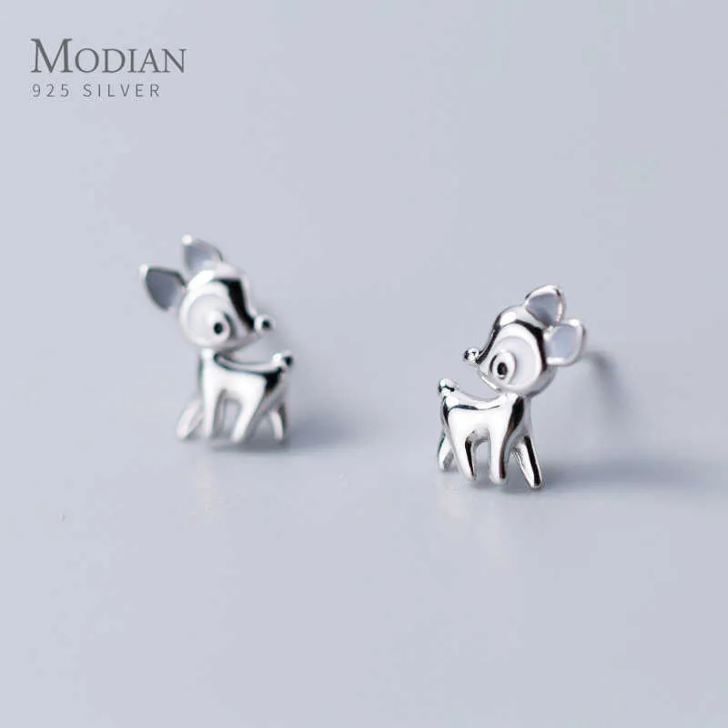 100% 925 Sterling Silver Cute Deer Stud Earrings for Women Fresh Enamel Gifts Luxury Statement Fine Jewelry 210707