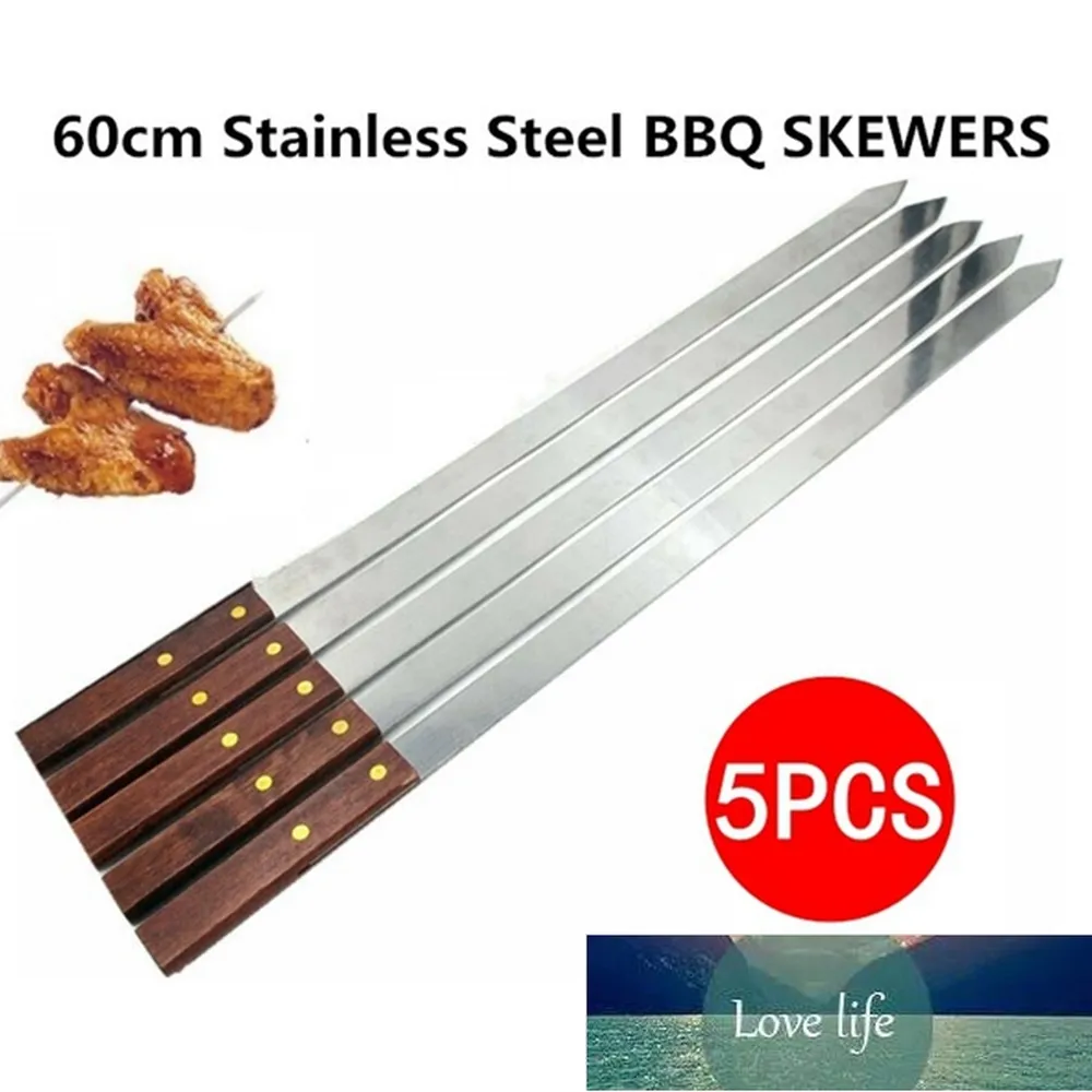 Konditorivaror 5st / set rostfritt stål bred bbq spettar långt trähandtag grill gaffel pinne