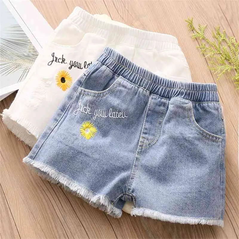 Sommar mode 3 4 5 6 8 10 11 12 år tonåring barn blå vit broderi pocket denim shorts för baby barn tjejer 210701