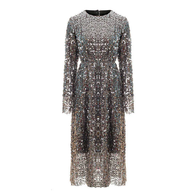 PERHAPS U Glitter Elegant Club Party O Neck Gray Sequined Bling Long Sleeve Knee Length Autumn Spring Dress D0906 210529